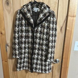 Vintage Nine West Houndstooth Coat in Brown/White/Tan Tweed Wool Coat.
